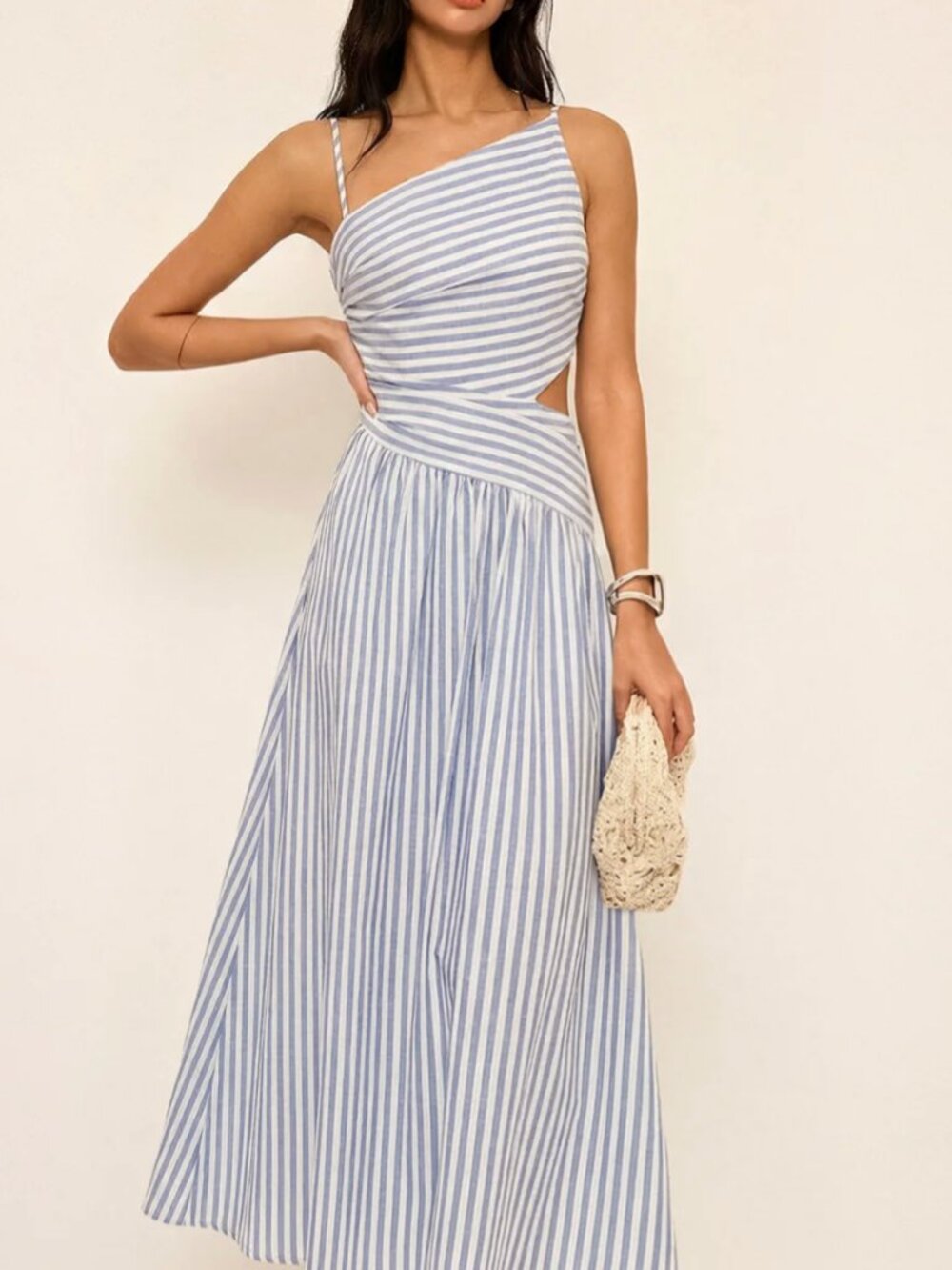 Commense Striped Cut-Out Asymmetric Cami Maxi Dress